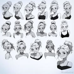 various poses and hair styles for the character from frozen water, which is drawn in pencil