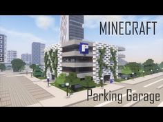 the parking garage in minecraft with trees and bushes on it, next to a tall building