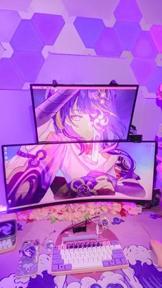 Girl gaming and anime setup Genshin Gaming Setup, Gaming Room Anime, Genshin Setup, Anime Gaming Setup, Anime Gaming Room, Game Bedroom Ideas, Video Game Room Decor, Dream Setup, Gaming Bedroom