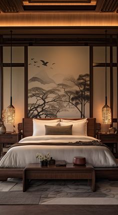 a large bed sitting in a bedroom next to two lamps and a painting on the wall