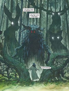 a comic book page with an image of a giant monster in the middle of a forest