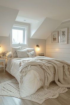 a white bed sitting under a window in a bedroom