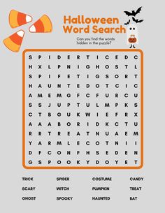 the halloween word search is shown in orange and white