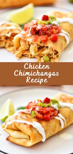 chicken chimichangas recipe on a white plate with lime wedges