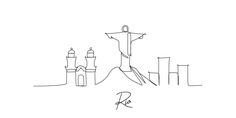 a drawing of the statue of christ on top of a hill with buildings in the background