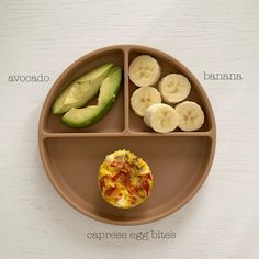 a plate with bananas, avocado and egg bites on it