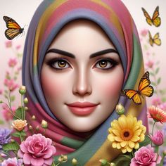 a painting of a woman wearing a hijab with flowers and butterflies around her