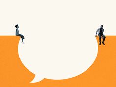 two people sitting on top of an orange and white background with a speech bubble above them