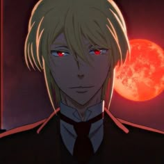 an anime character with red eyes staring at the camera in front of a full moon