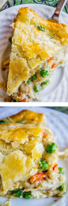 two pictures of different types of food on a white plate with a fork in it