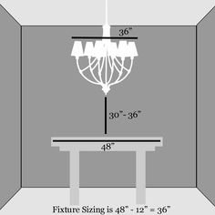 the measurements for a chandelier hanging from a ceiling in a room with gray walls