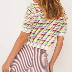 Spring Vacation Knit Top With Short Sleeves, Trendy Multicolor Short Sleeve Knit Top, Summer Vacation Knit Top With Short Sleeves, Y2k Style Tops For Beach Vacation, Summer Vacation Crew Neck Knit Top, Casual Short Sleeve Knit Top For Beach, Fitted Crew Neck Tops For Beach Season, Y2k Short Sleeve Beach Tops, Multicolor Crew Neck Top For Vacation