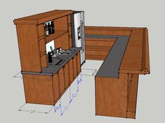 a drawing of a kitchen with an island and countertop area in the center,