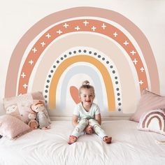 WAKE UP YOUR WALLS - Add a spark of cuteness to the children's room with wonderful Wall Decals. This nursery decoration will put a smile on your face and create a beautiful, playful room for your kids. Our decals are printed on the highest-quality, safe material backed with removable and repositionable peel and stick technology. Decals can be removed cleanly with no sticky residue left behind. You can also combine multiple themes or add another element like canvas prints or wall hangings to crea Rainbow Mural Kids Room, Toddler Rainbow Room, Baby Room Murals, Removable Wall Decals Nursery, Pink Wall Stickers, Girls Rainbow Bedroom, Rainbow Baby Nursery, Boho Rainbow Wall, Rainbow Bedroom