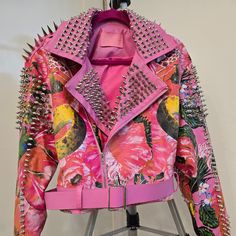 Studded Floral Faux Leather Belted Crop Moto Jacket Pink Moto Jacket, Painted Leather Jacket, Cropped Moto Jacket, Azalea Wang, Faux Leather Belts, Painting Leather, Moto Jacket, Pretty Art, Faux Leather