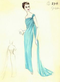 a drawing of a woman in a blue dress