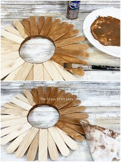 two pictures showing how to make a sunburst wreath with wood shavings