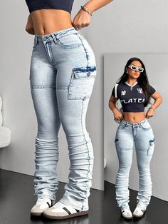 Azul Casual Collar  Mezclilla Liso Pierna amplia Embellished Elástico Alto Denim Diy Clothes, Winter Mode Outfits, Casual Denim Jeans, Elastic Waist Jeans, Shein Icon, Cute Lazy Day Outfits, Lazy Day Outfits, Foto Poses, Curvy Women Jeans