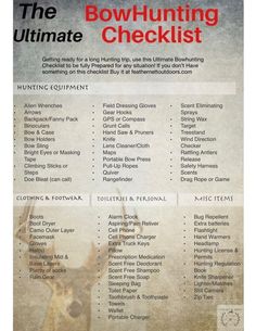 the ultimate hunting checklist for bowhunting, hunting and other outdoor activities is shown here