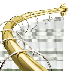 a close up of a shower curtain with a gold metal tube attached to it's side