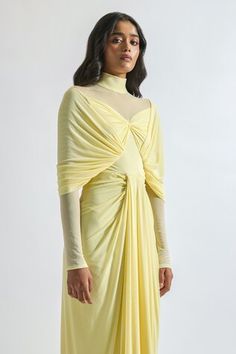 Butter yellow malai lycra and net draped dress with pleated detailing. - Aza Fashions Butter Yellow, Draped Dress, Dress For Women, Women Dresses, Dress Pattern, High Collar, Aza Fashion, Dresses Maxi, Types Of Sleeves