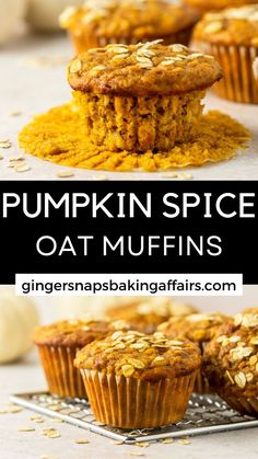 pumpkin spice oat muffins are stacked on top of each other with the words, pumpkin spice oat muffins