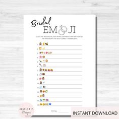 the printable bridal emoji game is shown on top of a wooden table