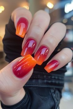 Red Orange Nails, Red Summer Nails, Orange Nail Designs, Nail Glam, Orange Nail, Short Nails Art