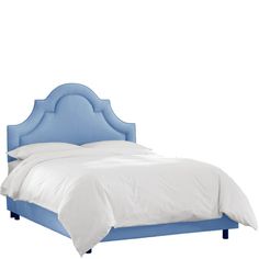 a bed with a blue headboard and white sheets on it's sides, against a white background