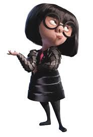 the animated character is dressed in black and white stripes, with glasses on her head