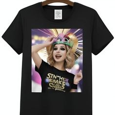 a black t - shirt with an image of a woman wearing a mask