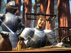 two knights sitting at a table in front of trees