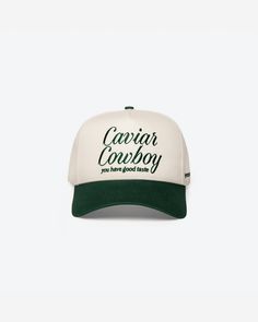 Caviar Cowboy Cap (Beige & Forest Green) Flat Brim Trucker Hat For Baseball Season, Beige Trucker Snapback Hat, Curved Brim Hats For Baseball Season, Beige Trucker Hat With Flat Brim, Cream Snapback Hat With Flat Brim, Beige Flat Brim Trucker Hat, Cream 5-panel Summer Hat, Casual Cream Trucker Hat With Curved Brim, Cream Flat Brim Adjustable Baseball Cap