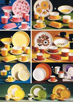 several pictures of different colored dishes and cups