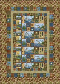 a quilt with animals and trees in the center, on top of a plaid background