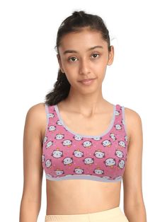 D'chica Pack of 1 Pink Kitty Print Sports Bra For Girls Crop Top With Shirt, Jacket Layering, Cotton Sports Bra, Pink Kitty, Girls Sports Bras, Printed Sports Bra, Pet Fashion, Support Bras, Fashion Website