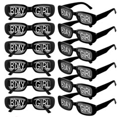 six pairs of black glasses with the words'bday girl'written on them