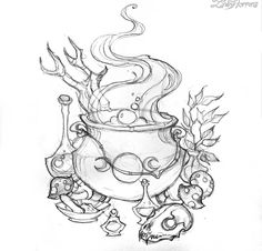 a drawing of a pot with some plants in it and other things around it on the side