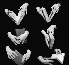 four hands holding books in different positions on a black background, with one hand reaching for the book