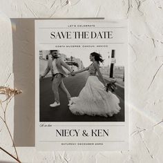 a wedding card with an image of two people holding hands and the text save the date on it