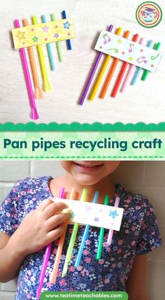 Don't throw away those old drinking straws; re-use them to make some fun pan pipes! It's also great size sorting practice for little ones. Click the link to see the tutorial and download your free printable panpipes holder! Straw Crafts, Recycled Crafts Kids, Drinking Straw