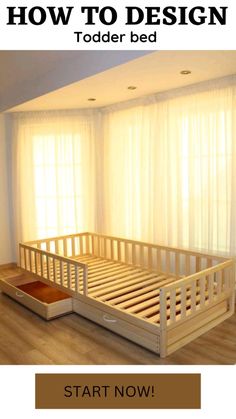 a wooden bed frame in front of a window