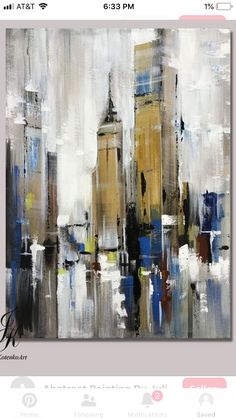 an abstract painting of a cityscape with skyscrapers