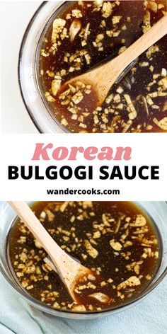 two images showing the ingredients for korean bulgogi sauce in a glass bowl