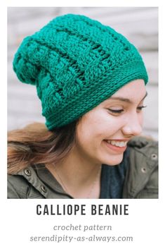 a woman wearing a green knitted beanie with the text, callope beanie crochet pattern