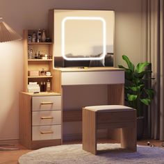 a desk with a mirror, stool and shelf in the corner next to a potted plant