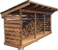 a wooden structure with logs stacked on it's sides and the roof is made out of wood