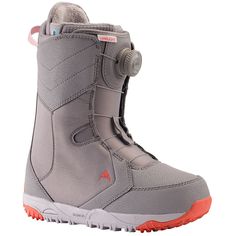 the snowboard boots are grey and orange