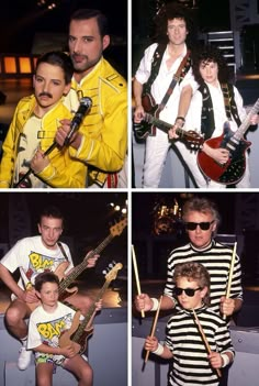 four pictures of people with guitars and one man in striped shirt holding a child's guitar