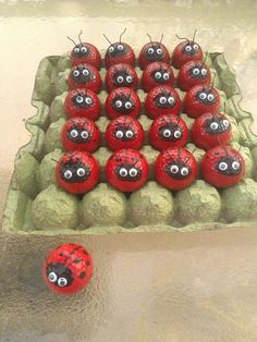 there are many red ladybugs on the cake